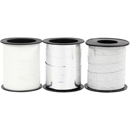 Diverse Gavebånd, B: 10 mm, sølv, sølvglitter, hvit, 3x15 m/ 1 pk.