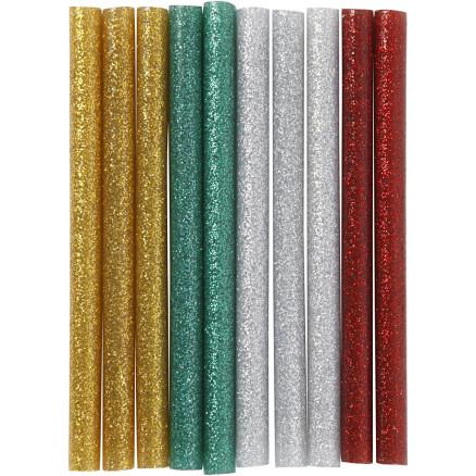 Diverse Limstaver Mini, L: 10 cm, dia. 7 mm, glitter, gull, grønn, rød, sølv, 10 stk./ 1 pk.