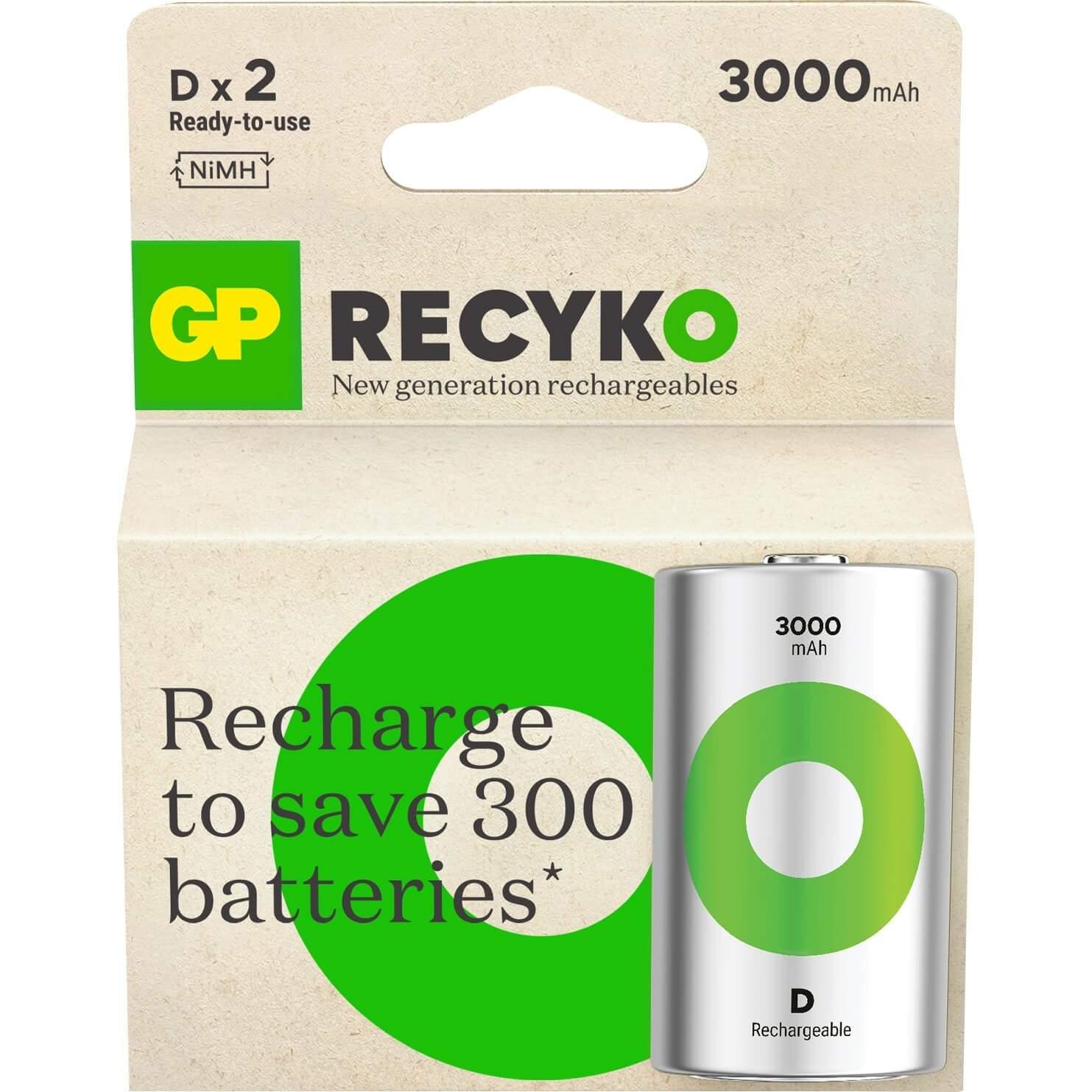 GP GP Recyko NiMH Batteri D HR20 3000mAh 2-pak