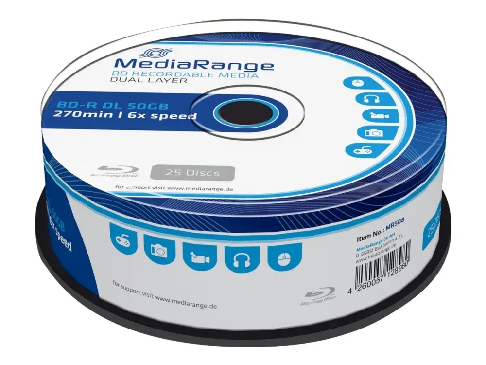 MediaRange BD-R DL 50 GB, Blu-ray - Rull 25 stk