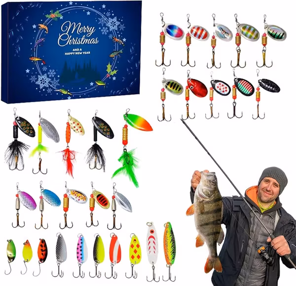 Fiskebillekalender 2024, 24-dagers fiskeutstyr julekalender fiskeutstyrsett fiskekalender