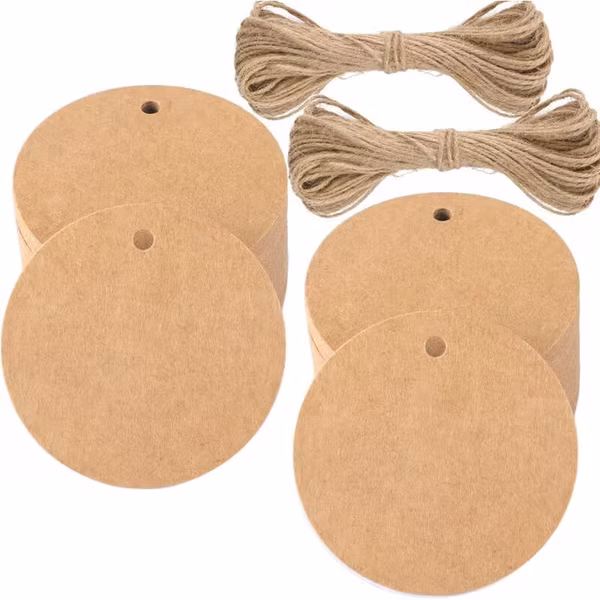100 stk Kraftpapiretiketter Gaveetikett - rund etikett 5,5x5,5cm Kraft Bryllupsetiketter med snor for Jul årsdag (brun)