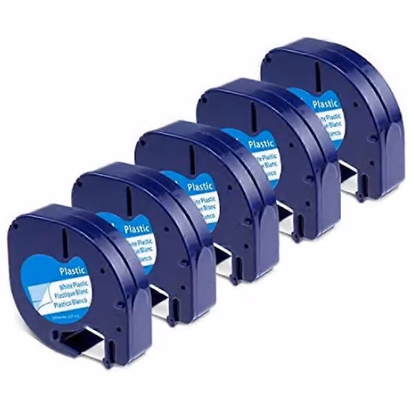 5-pakning etikettskrivertape for DYMO LetraTag Refill Plast 91331, Kompatibel etikettape svart på hvitt
