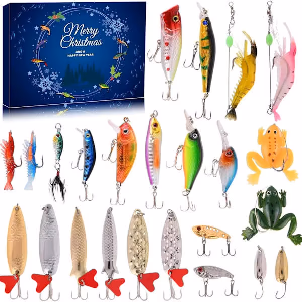 Fiske Julekalender 2025 - 24 unike fiskesluker eller agn. Perfekt julegave til alle som elsker å fiske.-jarx Farge en