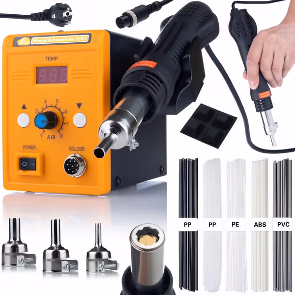 Rosfix Loddeboltestasjon Hot Air 858D + 3 Dyser + Plast Sveisesett - 700W | 100-500°C | 5 Plasttyper