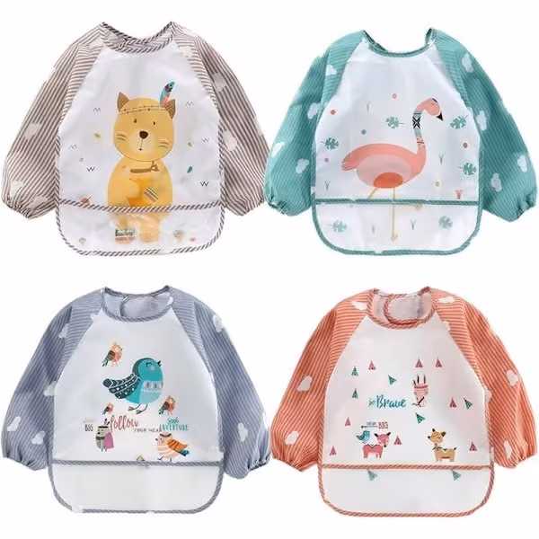 Curated Picks [LCS] 4-pakning langermede smekker for baby, vanntette smekker uten ermer, fleksible smekker for småbarn 6-24 måneder