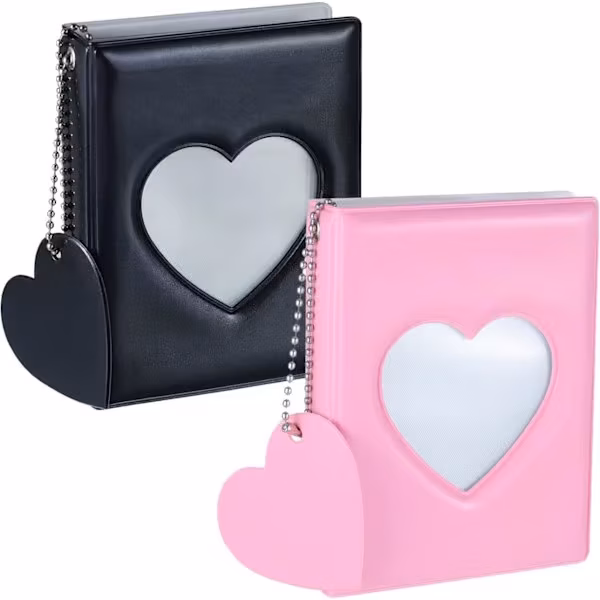 2-pakning 3-tommers Kpop Fotokortholderbok, Mini Fotoalbum med Kjærlighetshjerteanheng, Rosa, 32 Lommer (Svart+Rosa)