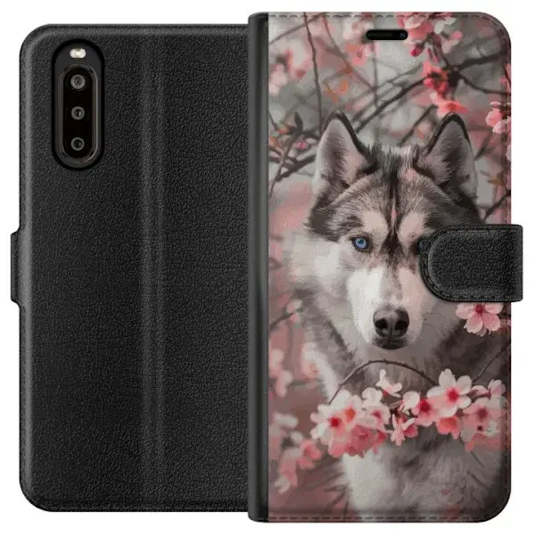 Sony Kompatibelt Lommeboketui til Sony Xperia 10 II Husky-plakathund med blå øyne, kirsebærblomster, sibirsk ulv, søtt dyr, natur design kunst