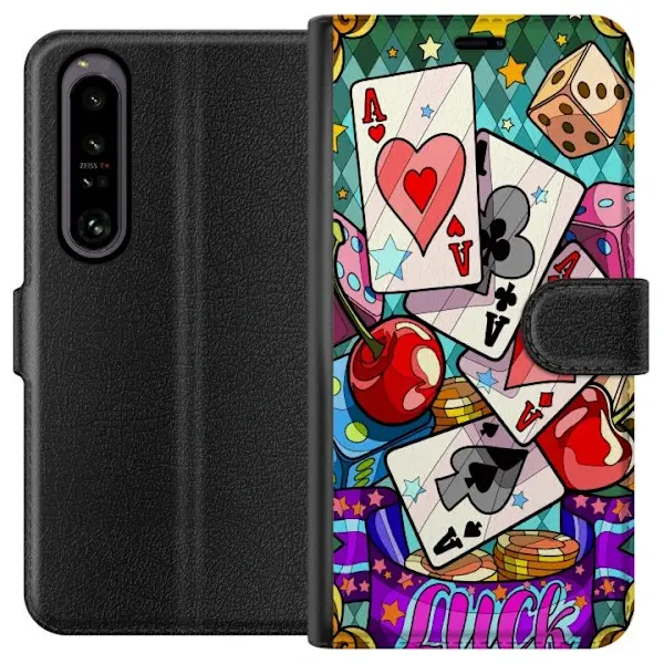Sony Kompatibelt Lommeboketui til Sony Xperia 1 IV Lucky Hands spillkort terninger kirsebær og fargerik bakgrunn i pop art-stil retro kasinodesign