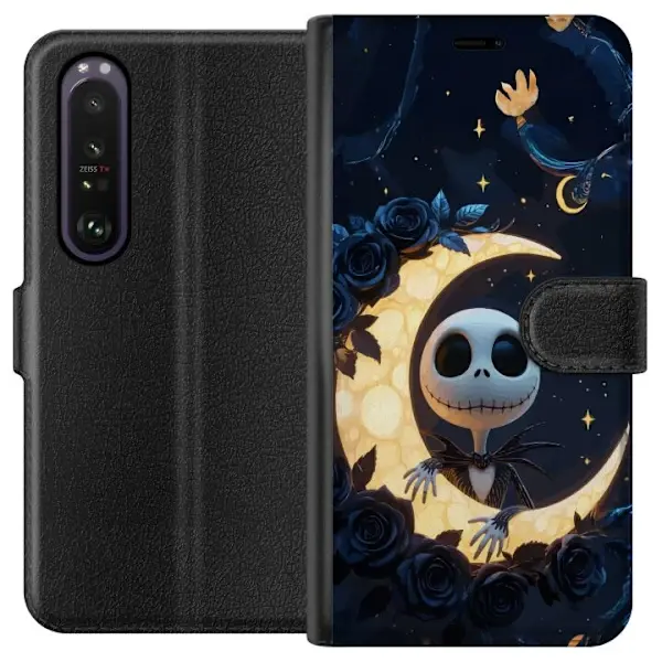 Sony Kompatibelt Lommeboketui til Sony Xperia 1 III Moonlight Skeleton motiv med skjelettfigur som sitter på lysende måne blant stjerner og mørke roser