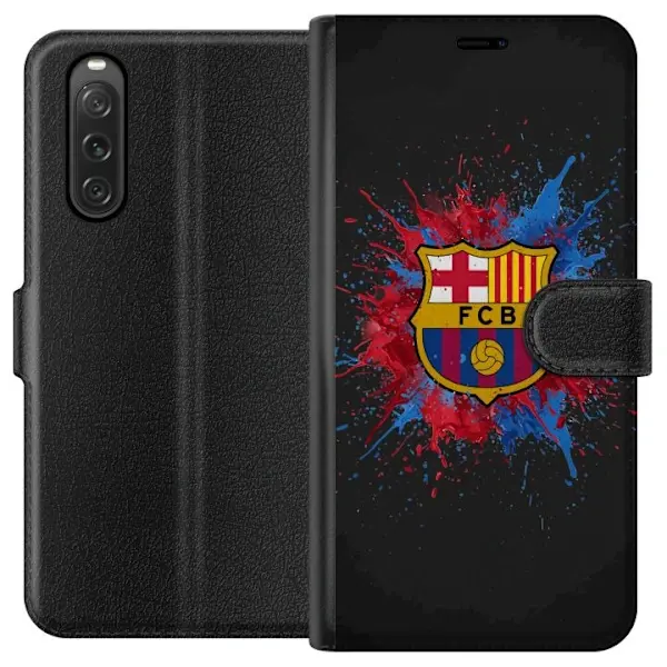 Sony Kompatibelt Lommeboketui til Sony Xperia 10 V Barcelona Splash kunst motiv med FC Barcelonas emblem i rødt, blått og gult med fargestøv på mørk bakgr