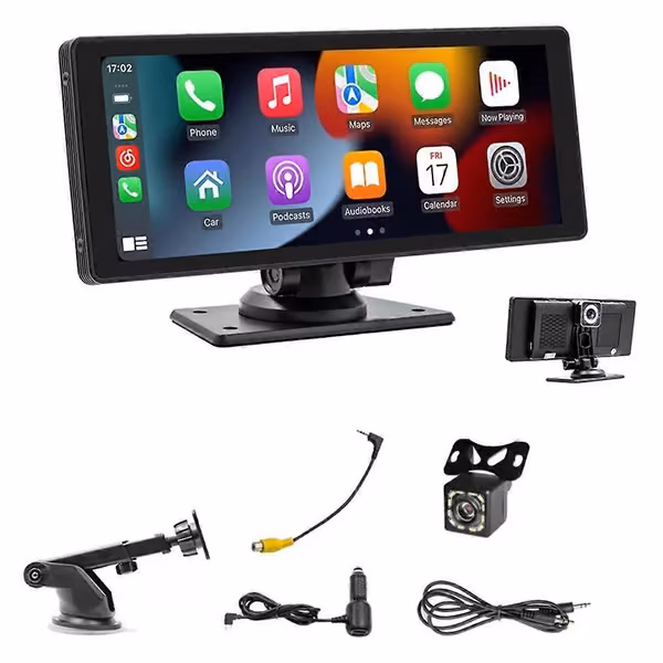 Bærbar Trådløs Carplay Bilstereo med Dash Cam - 10.26 Tommers HD IPS Skjerm, Android Auto, 1080P Ryggekamera, Bluetooth-WELLNGS