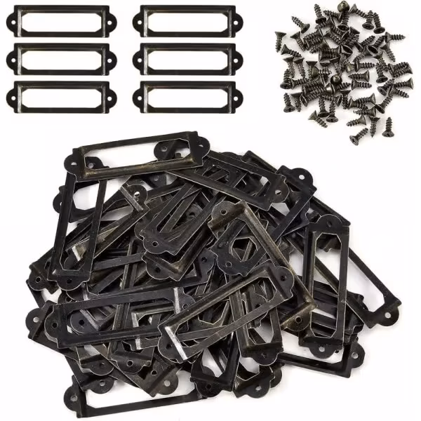 50 stk Etikett Holder Bokhylle Skuff Skap Håndtak Navneskilt med skruer, 60 x 17 mm, Antikk Bronse