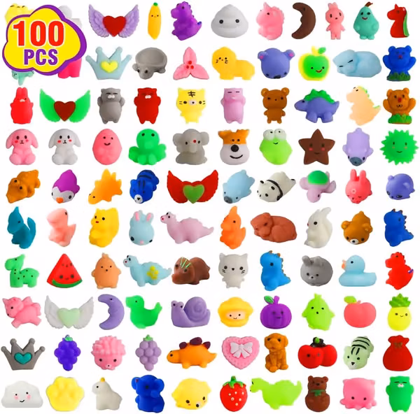 100 barnefestgaver, egnet for barn 4-8 år, myke leker, skattekiste søte leker, trykkreduserende myke fingertuppleker (tilfeldig)