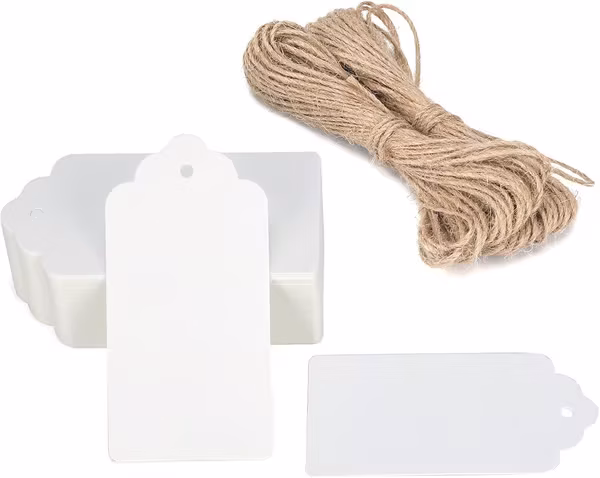 100 stk Kraftpapiretiketter, Gaveetiketter Bagasjeetiketter - Tomme Etiketter for Bryllup, Fødselsdag, Bagasje - med 30M Jutesnor Hvit
