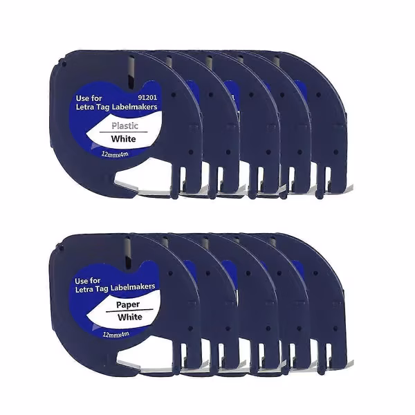 2026 Billiga varor 10 stk. etikettmaskinrefiller kompatible med Letratag-refiller 12 mm x 4 m hvit plastetikettape kompatibel med Letra Tag Plu