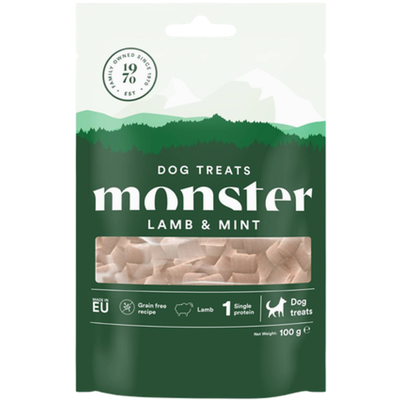 Monster Pet Food Hundegodbiter til alle raser med lam og mynte 100 g - Hund - Hundegodbiter & tyggebein - Belønningsgodbiter for hund - Monster Pet Food