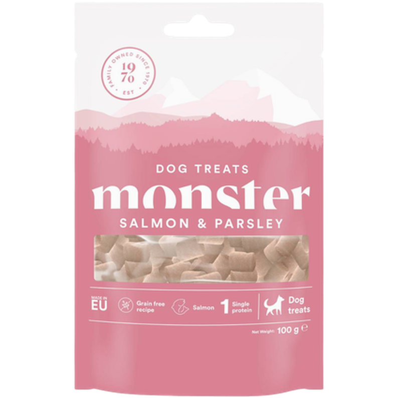 Monster Pet Food Hundegodbiter til alle raser med laks og persille 100 g - Hund - Hundegodbiter & tyggebein - Belønningsgodbiter for hund - Monster Pet Food
