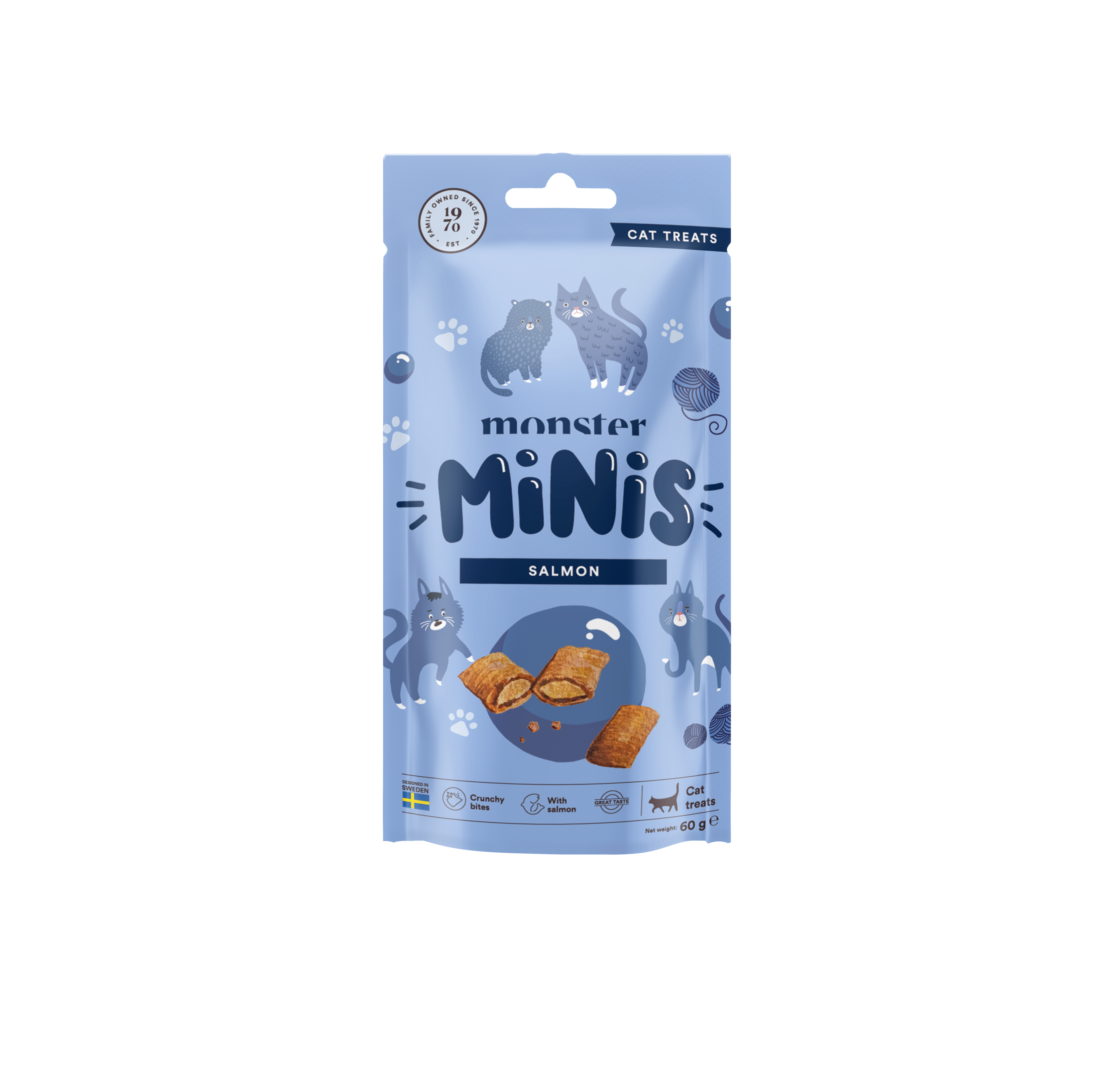 Monster Pet Food Minis godbiter Laks 60 g - Katt - Kattegodteri & kattegress - Belønningsgodbiter katt - Monster Pet Food
