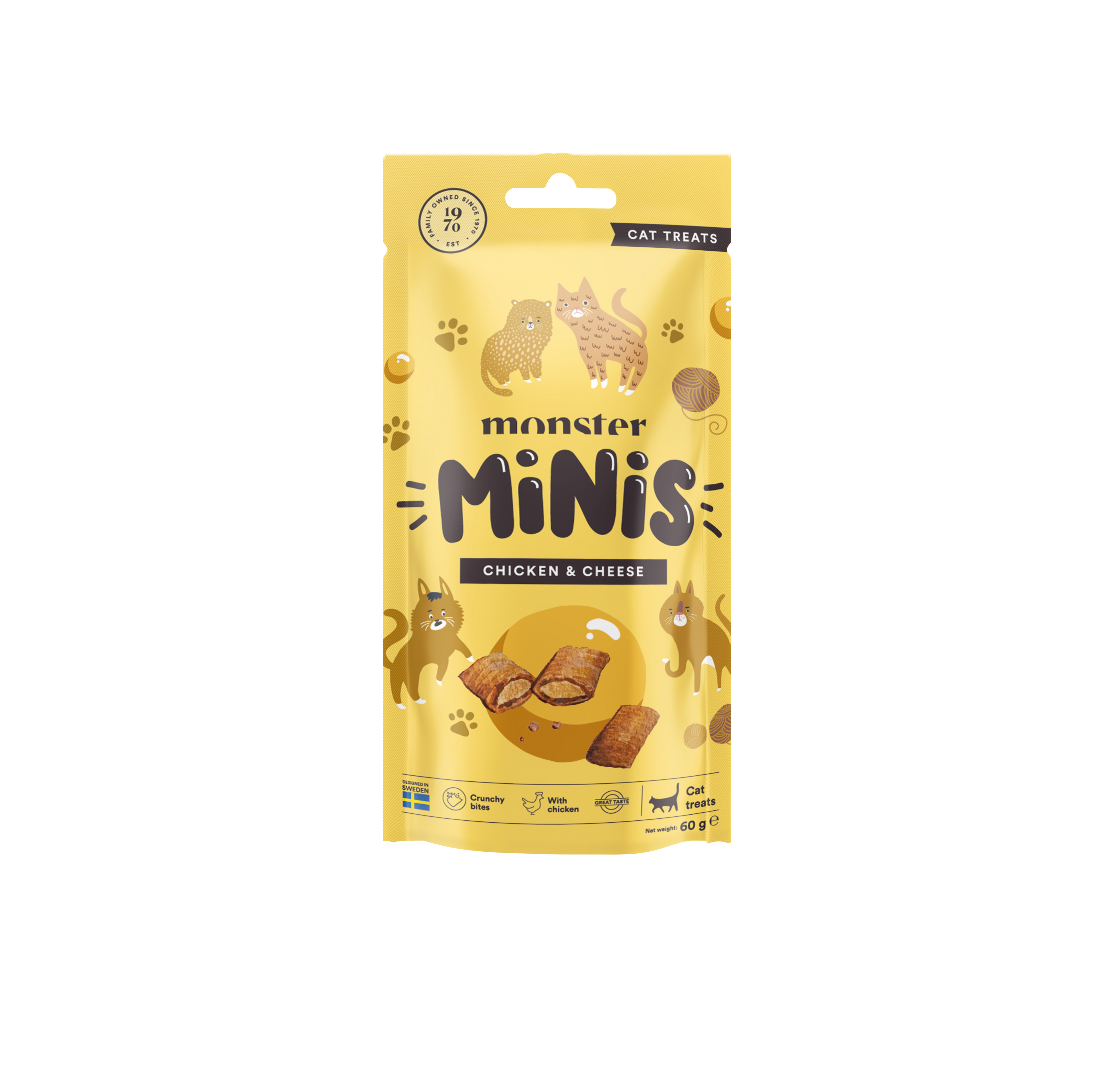 Monster Pet Food Minigodbiter med kylling og ost 60 g - Katt - Kattegodteri & kattegress - Belønningsgodbiter katt - Monster Pet Food