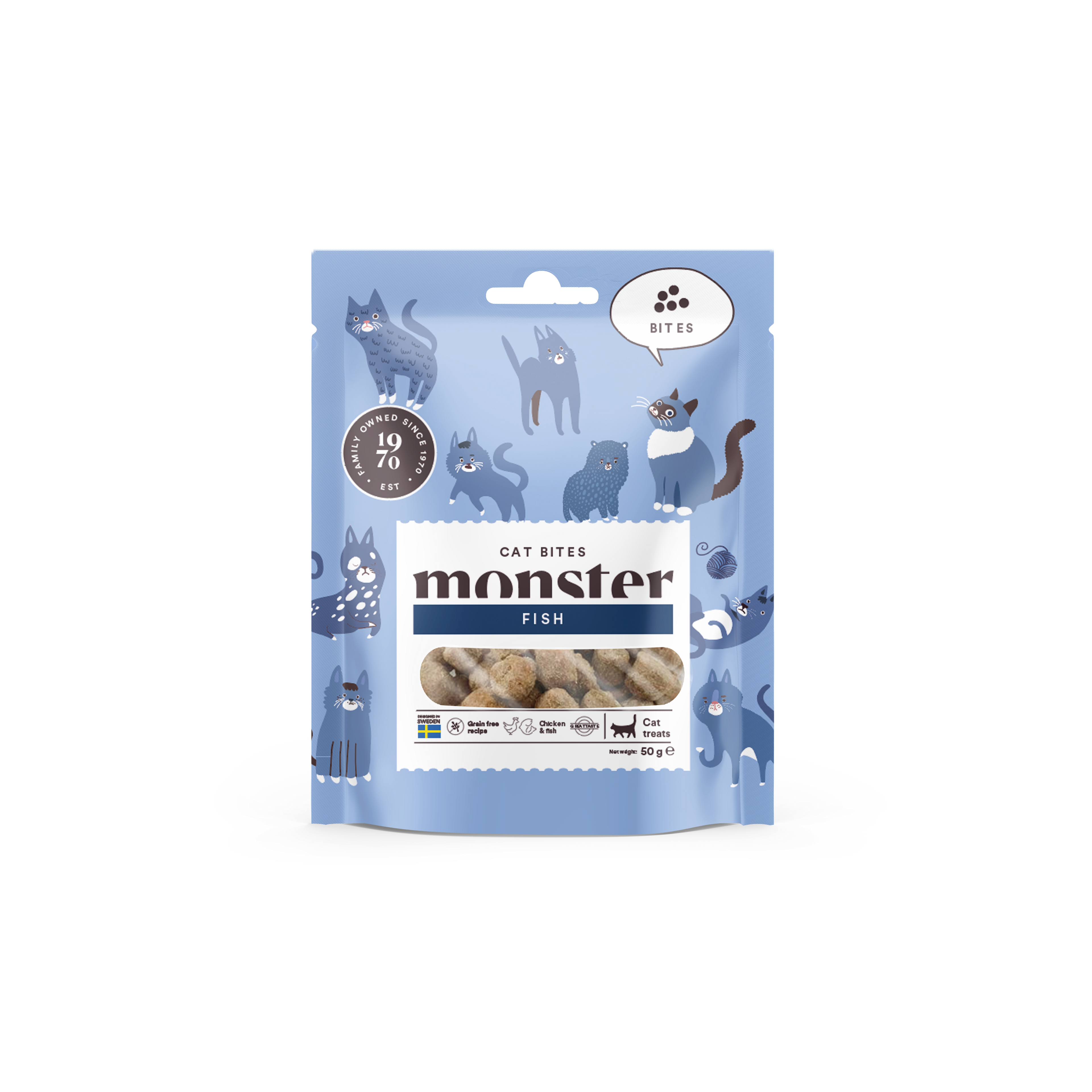 Monster Pet Food Cat Bites Fish 50 g - Katt - Kattegodteri & kattegress - Tyggesnacks for katter - Monster Pet Food