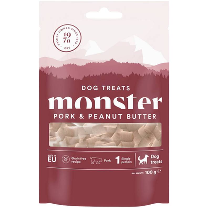 Monster Pet Food Hundegodbiter til alle raser med svinekjøtt og peanøttsmør 100 g - Hund - Hundegodbiter & tyggebein - Belønningsgodbiter for hund - Monster Pet Food