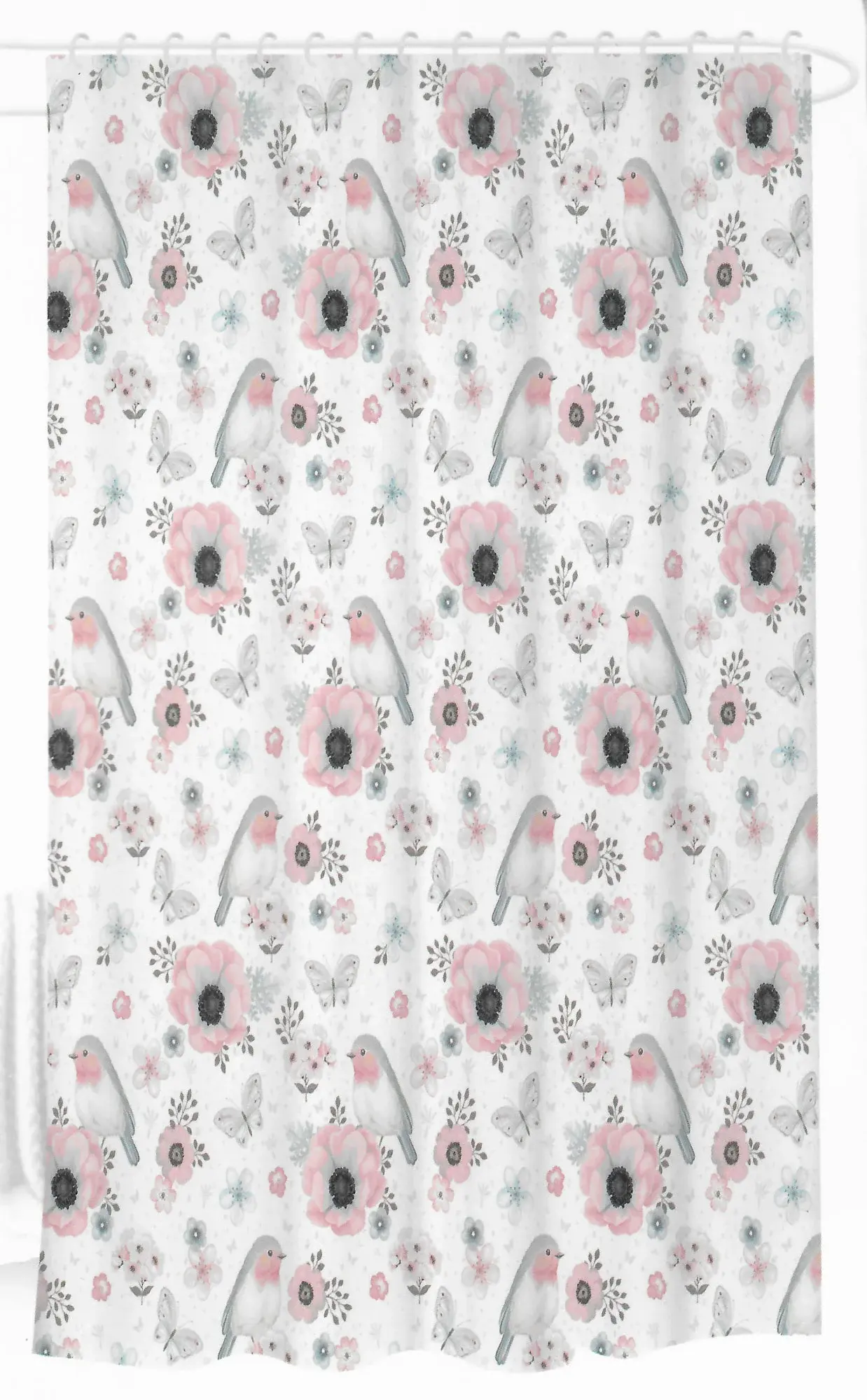 HOME-TEX Dusjforheng - 180x180 cm - Hvit med blomster og fugler - Klar til oppheng