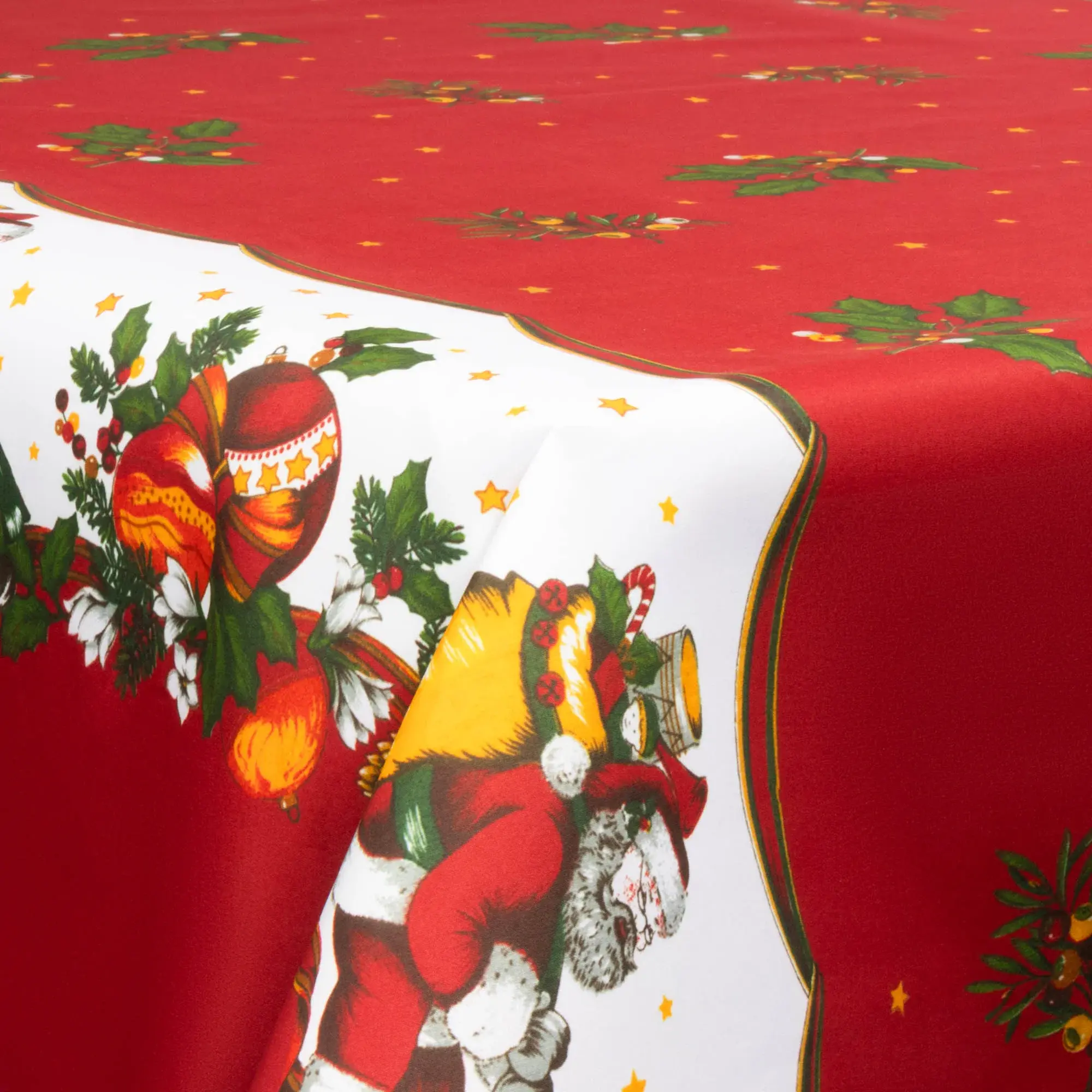 Borg Living Tekstil voksduk med akrylbelegg - 30 meter på rull - Med julemotiv - Santa Claus og misteltein - 140 cm bred tekstilduk