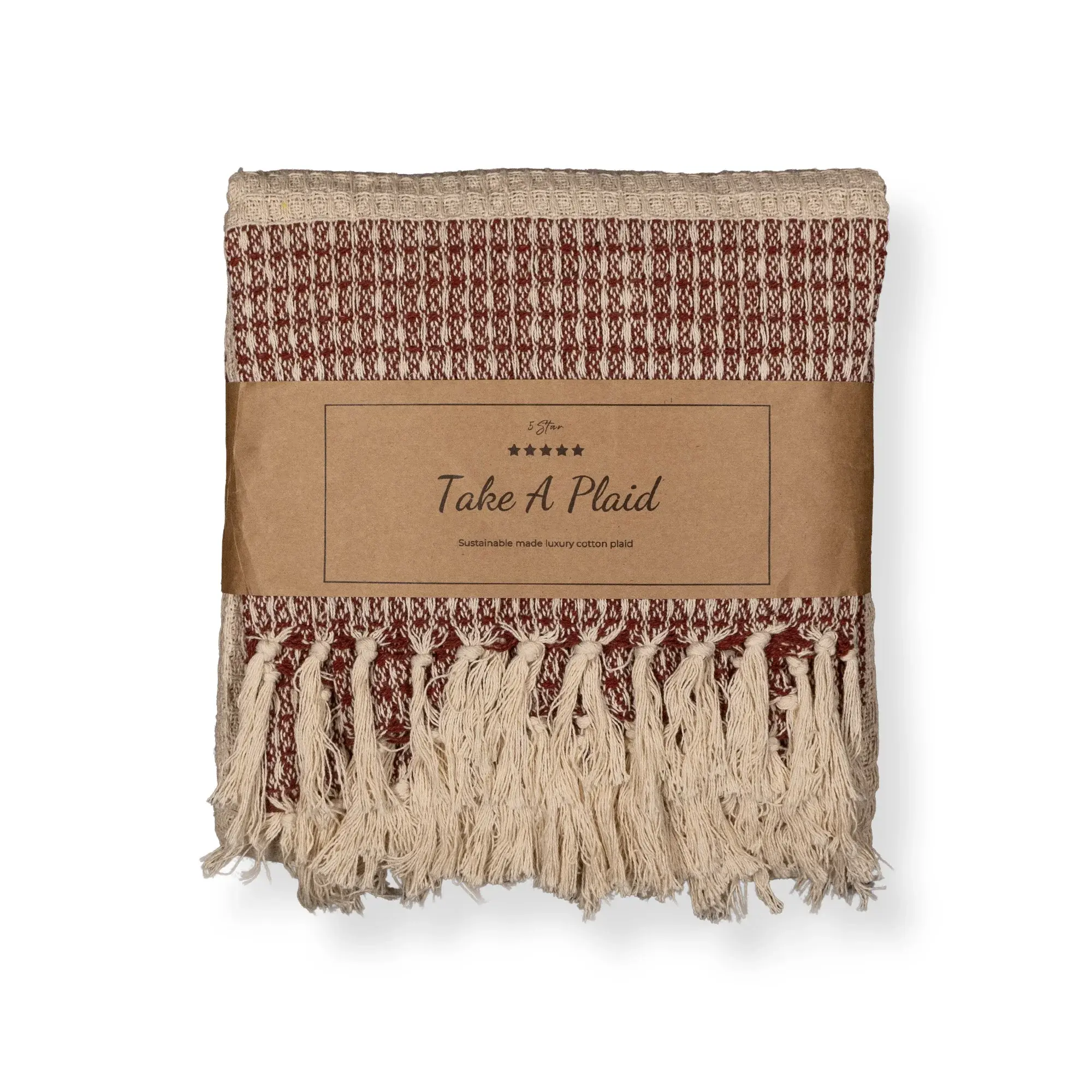 HOME-TEX Bomullsplaid - 100% resirkulert bomull - 180x240 cm - Hvit med rødt mønster