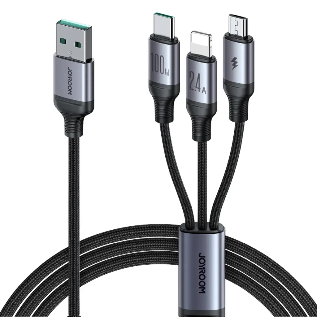 Joyroom Joyroom 3-i-1 USB-A til Lightning, USB-C, Micro-USB, 100W, 1,2m - Svart
