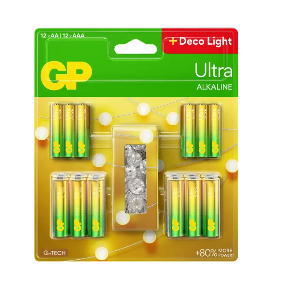 GP Batteries GP Ultra Alkaline 12 stk. AA-batterier + 12 stk. AAA-batterier + 2 m lyslenke