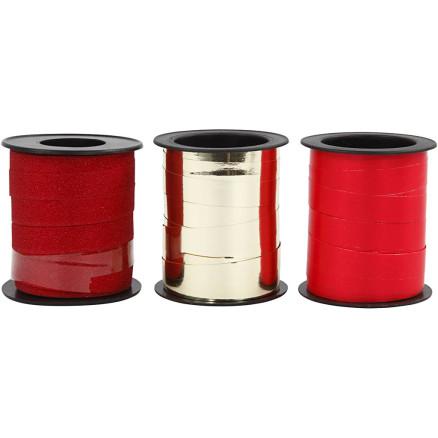 Diverse Gavebånd, B: 10 mm, gull, rød, rød glitter, 3x15 m/ 1 pk.