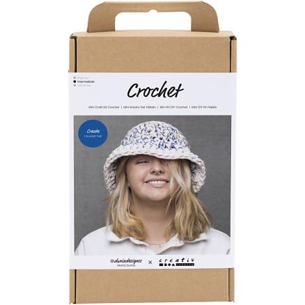 Diverse DIY Kit Hekling, Chunky bøttehatt, blå, lys natur, gul, 1 pk.
