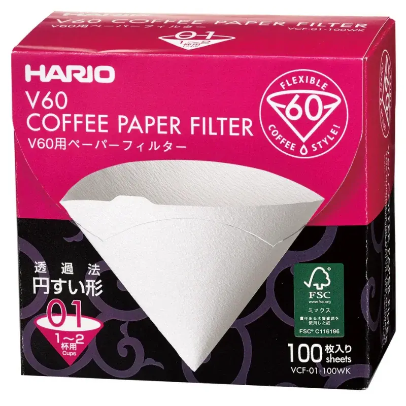 HARIO V60 Kaffefiltre - 01 - 100 Stk i Eske - Hvit