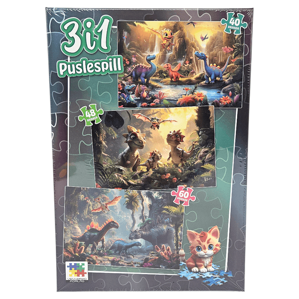 Vennerød Forlag Puslespill 3i1 Dinosaur | Tre spennende puslespill i én eske