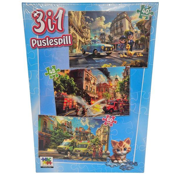 Vennerød Forlag Puslespill 3i1 for barn | Politi Brannvesen Ambulanse | 40-60 brikker