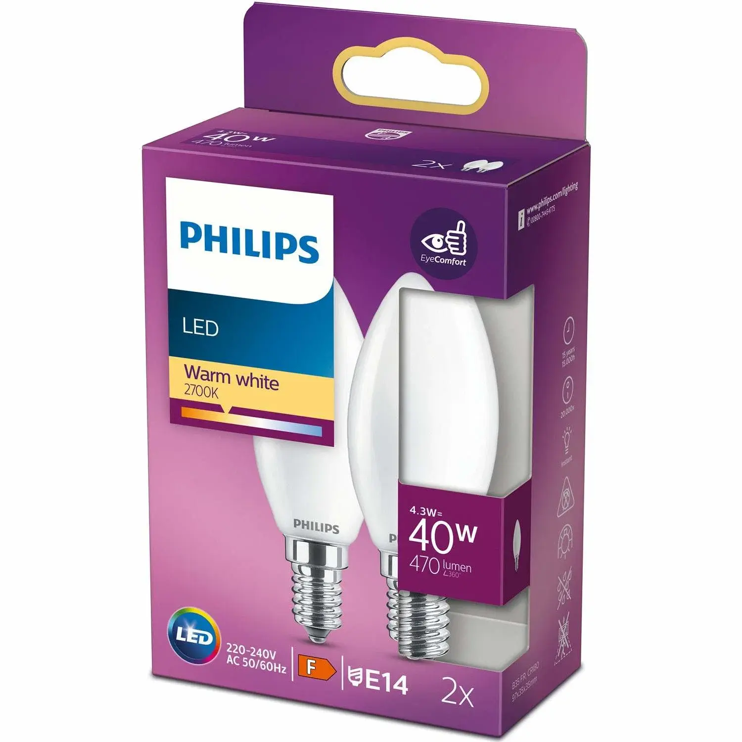 Philips 2-pakning LED E14 Crown 40W Frost 470lm