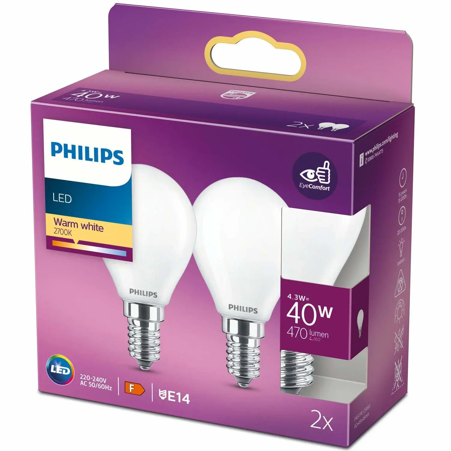 Philips 2-pakning LED E14 Globe 4,3W (40W) Frost 470lm