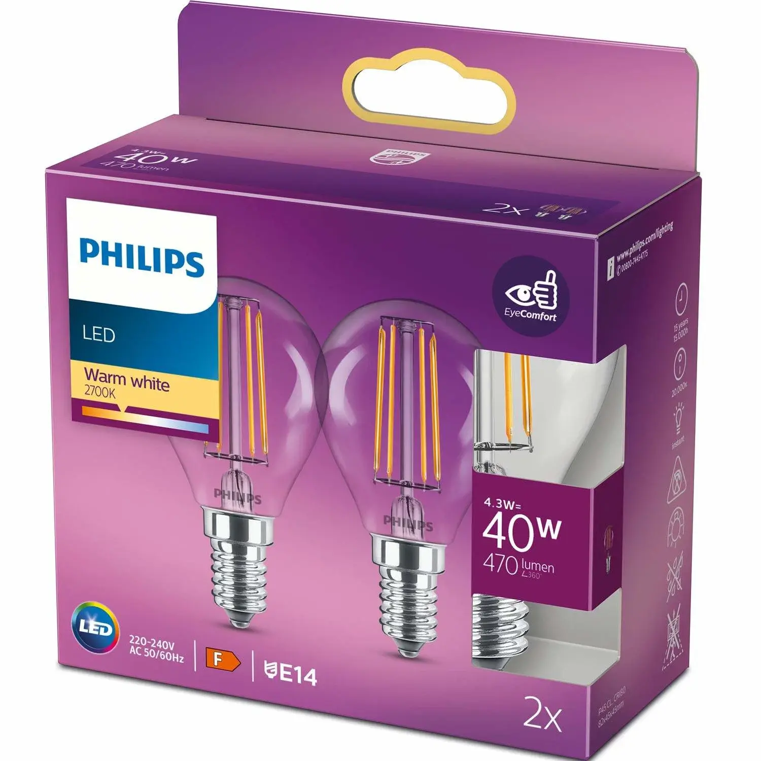 Philips 2-paks LED E14 Globe 4,3W (40W) Klar 470lm