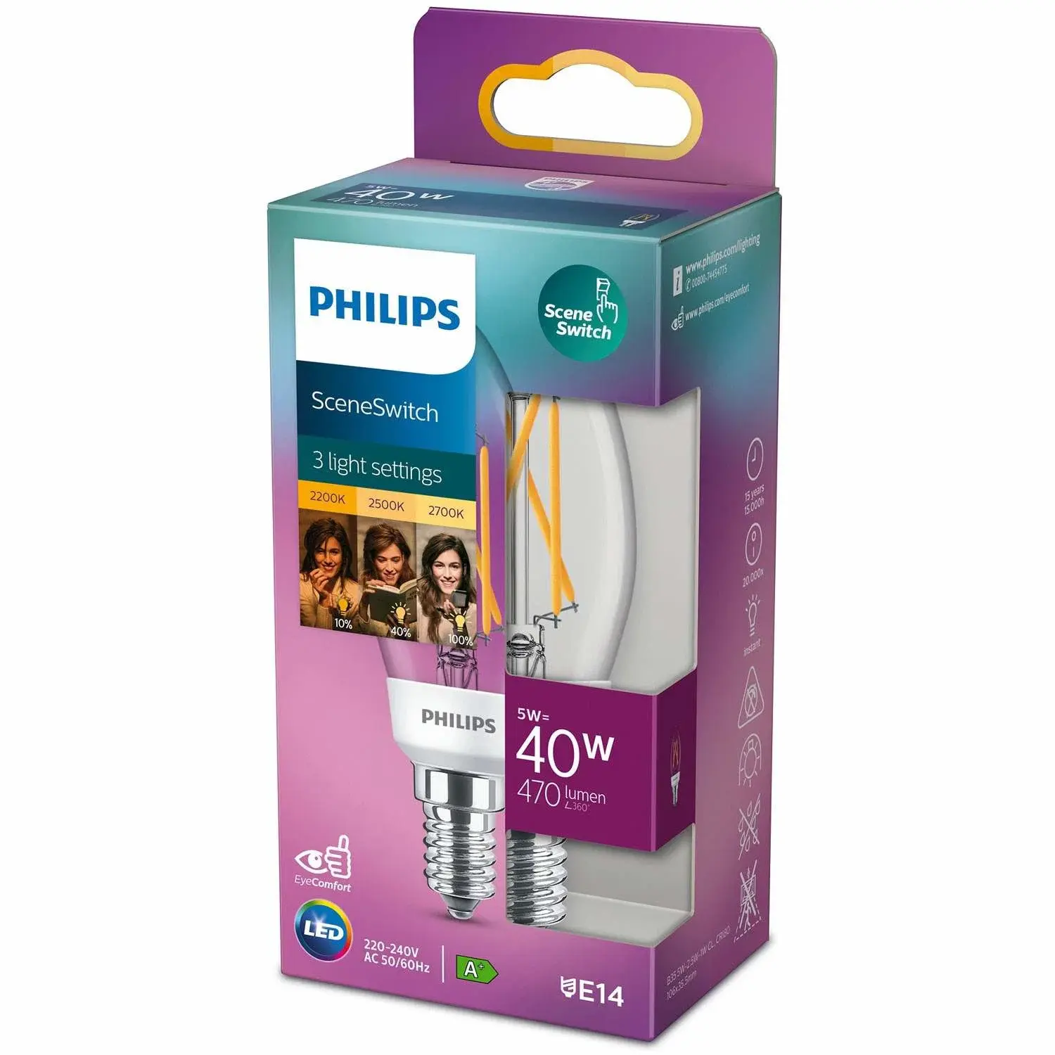 Philips LED SceneSwitch E14 P45 Crown 40-18-9W Klar