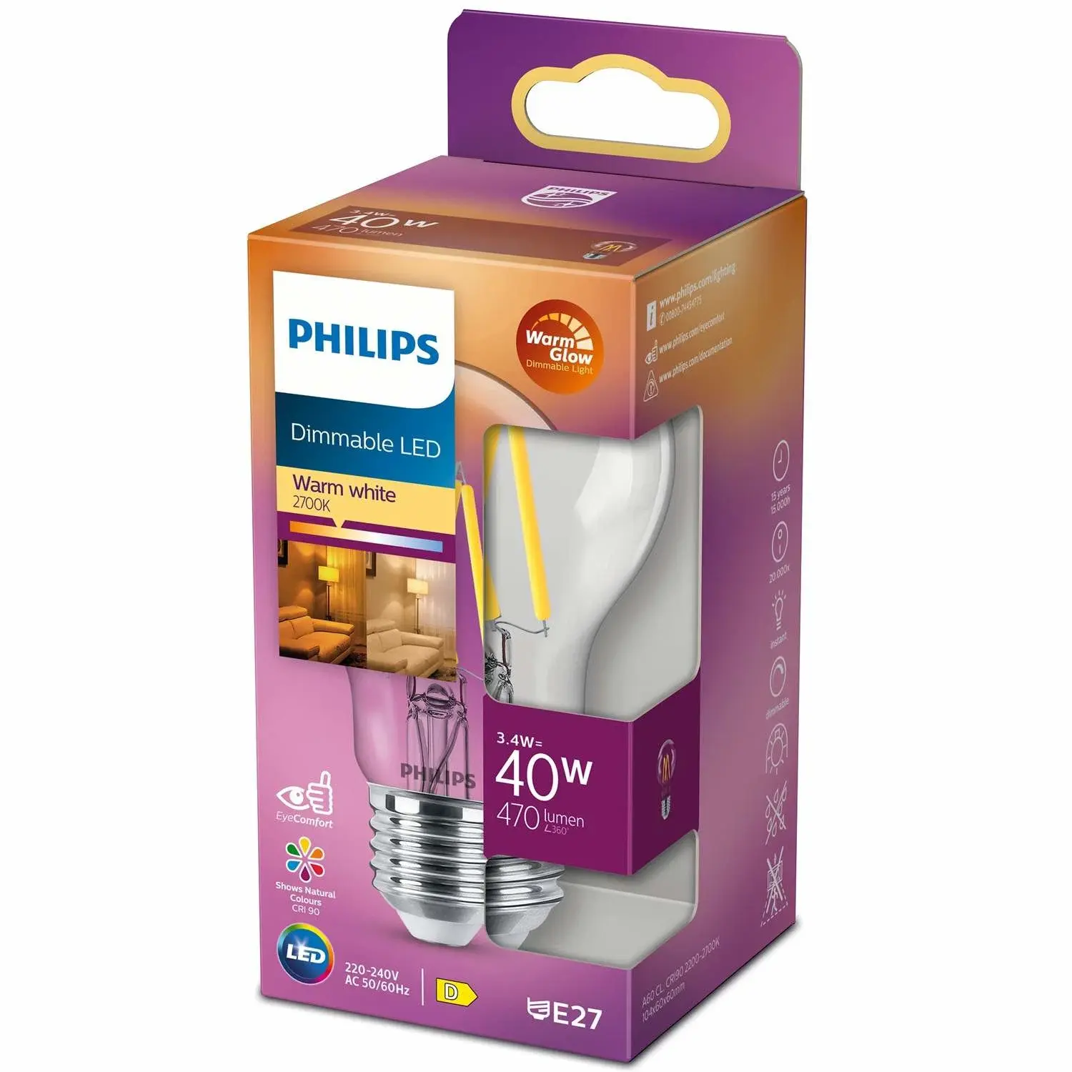 Philips LED E27 Normal 3,4W (40W) Clear Dim WarmGl 470