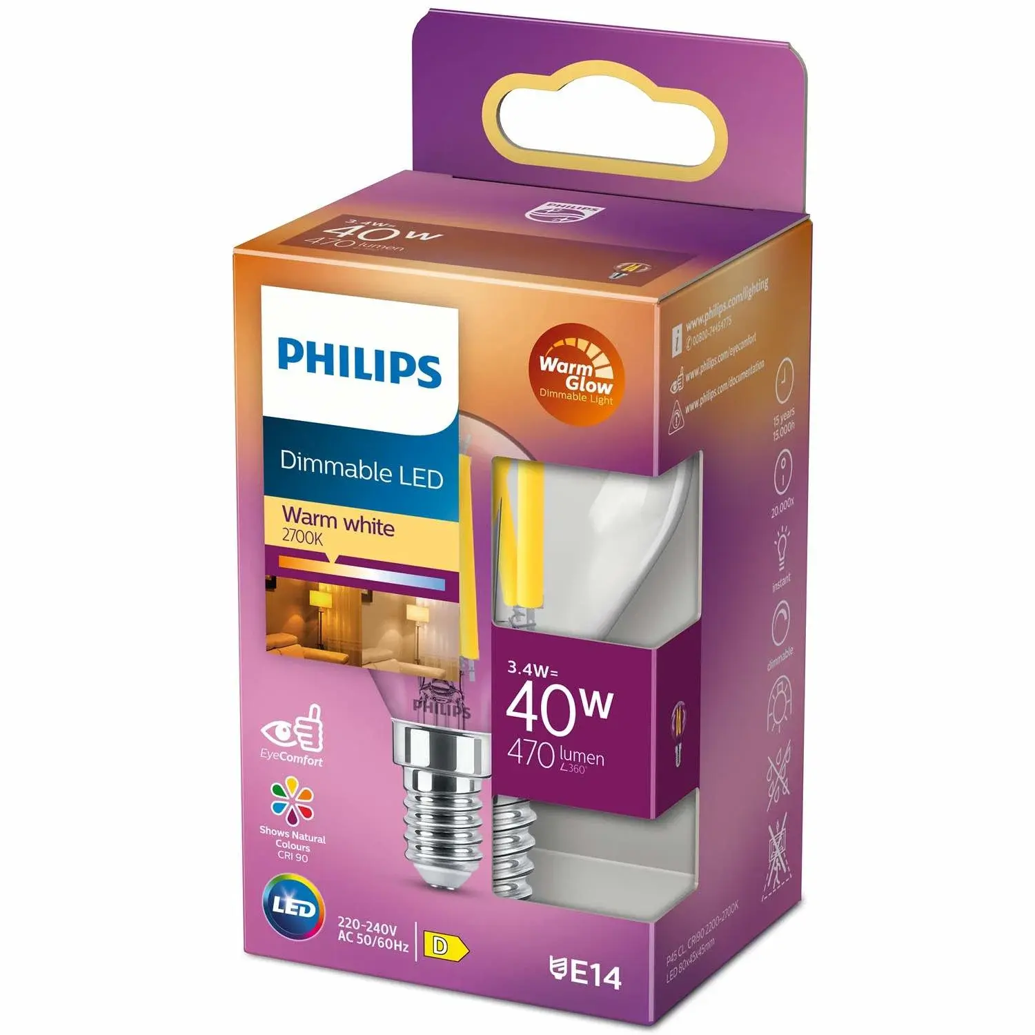 Philips LED E14 Globe 3,4W (40W) Clear Dim WarmGlow 470