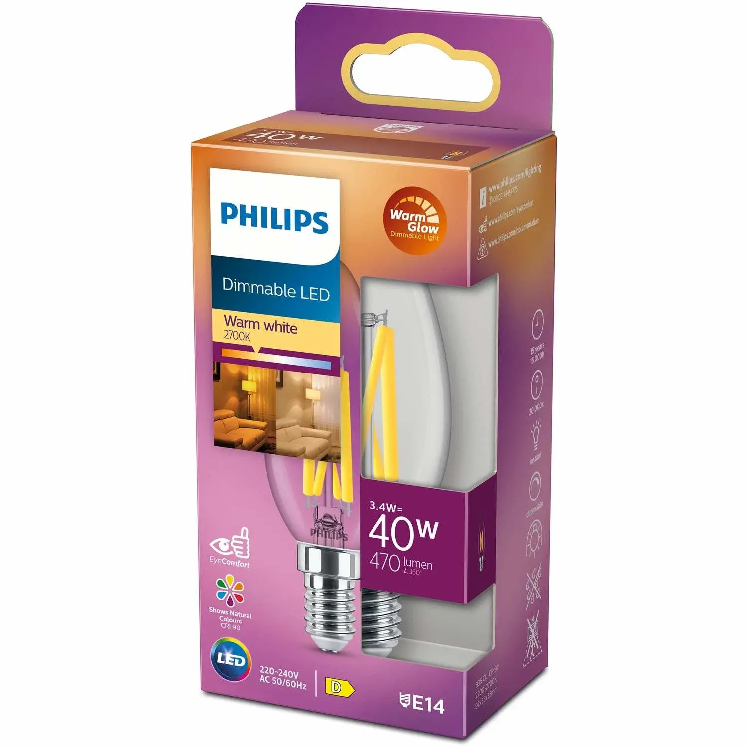 Philips LED E14 Crown 3,4W (40W) Clear Dim WarmGlow 470