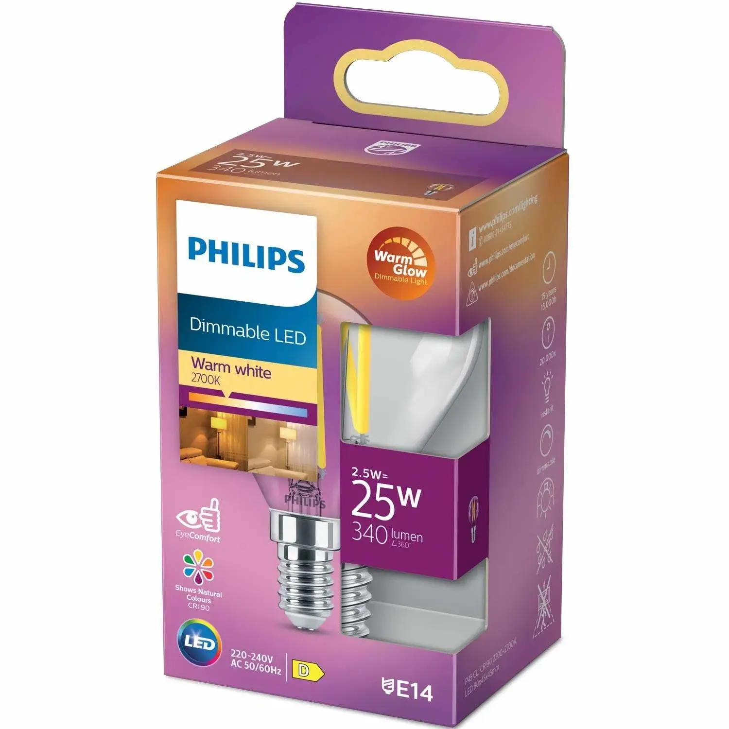 Philips LED E14 Globe 2,5W (25W) Clear Dim WarmGlow 340 lm