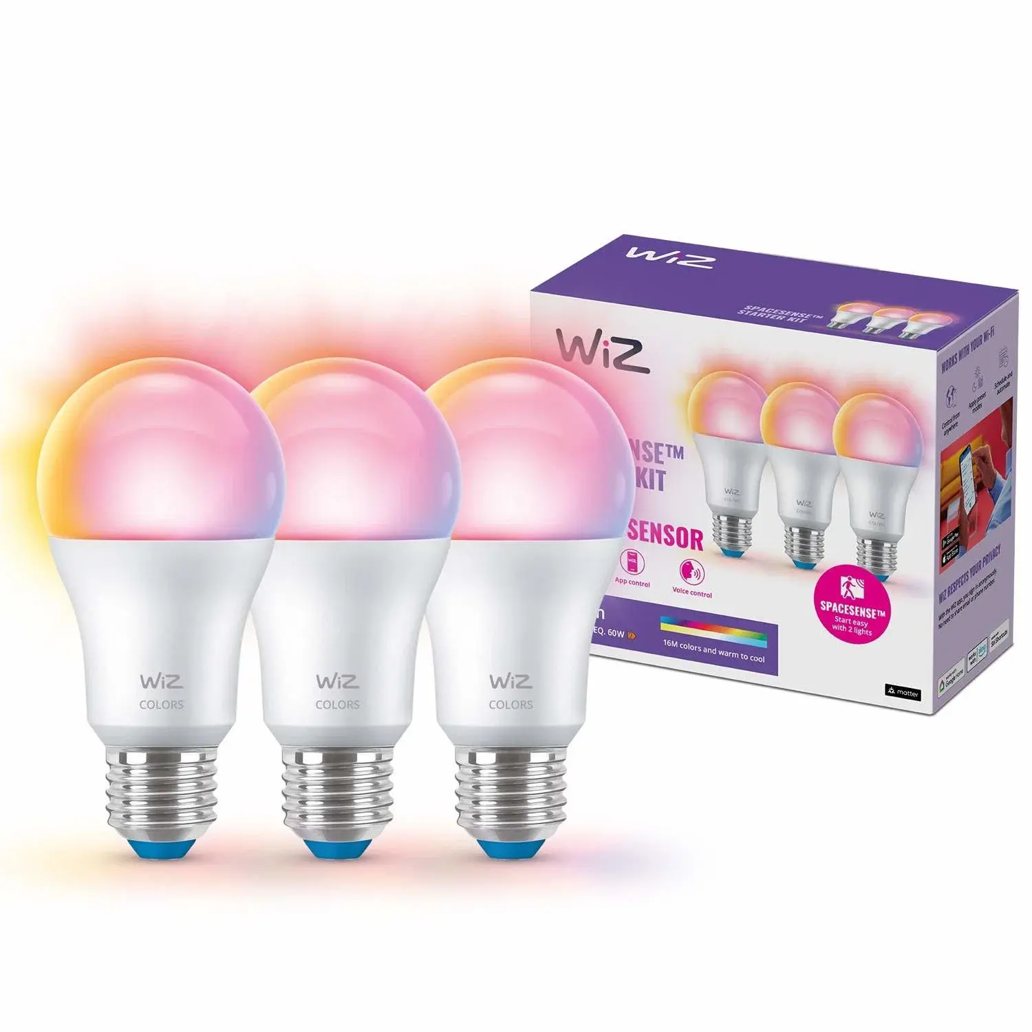 WiZ WiFi Smart LED E27 60W Farge + Varm-kald hvit 3-pak