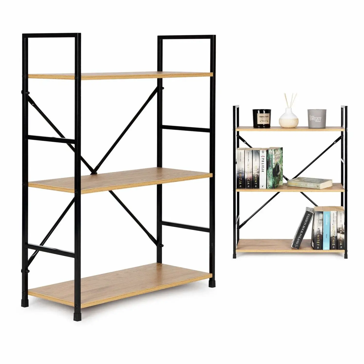 Modernhome Trebokhylle med metallramme LOFT 3 hyller bred