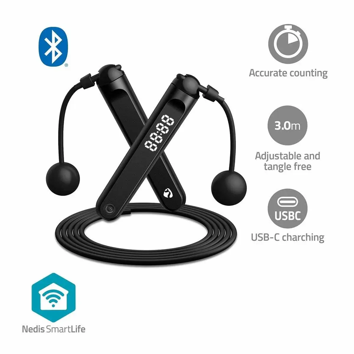 Nedis SmartLife Utendørs Sport | Hoppetau | Bluetooth | Dual Hall sensor | LED Vise | PVC | 3.00 m | Snøreveske / Trådløse baller | So