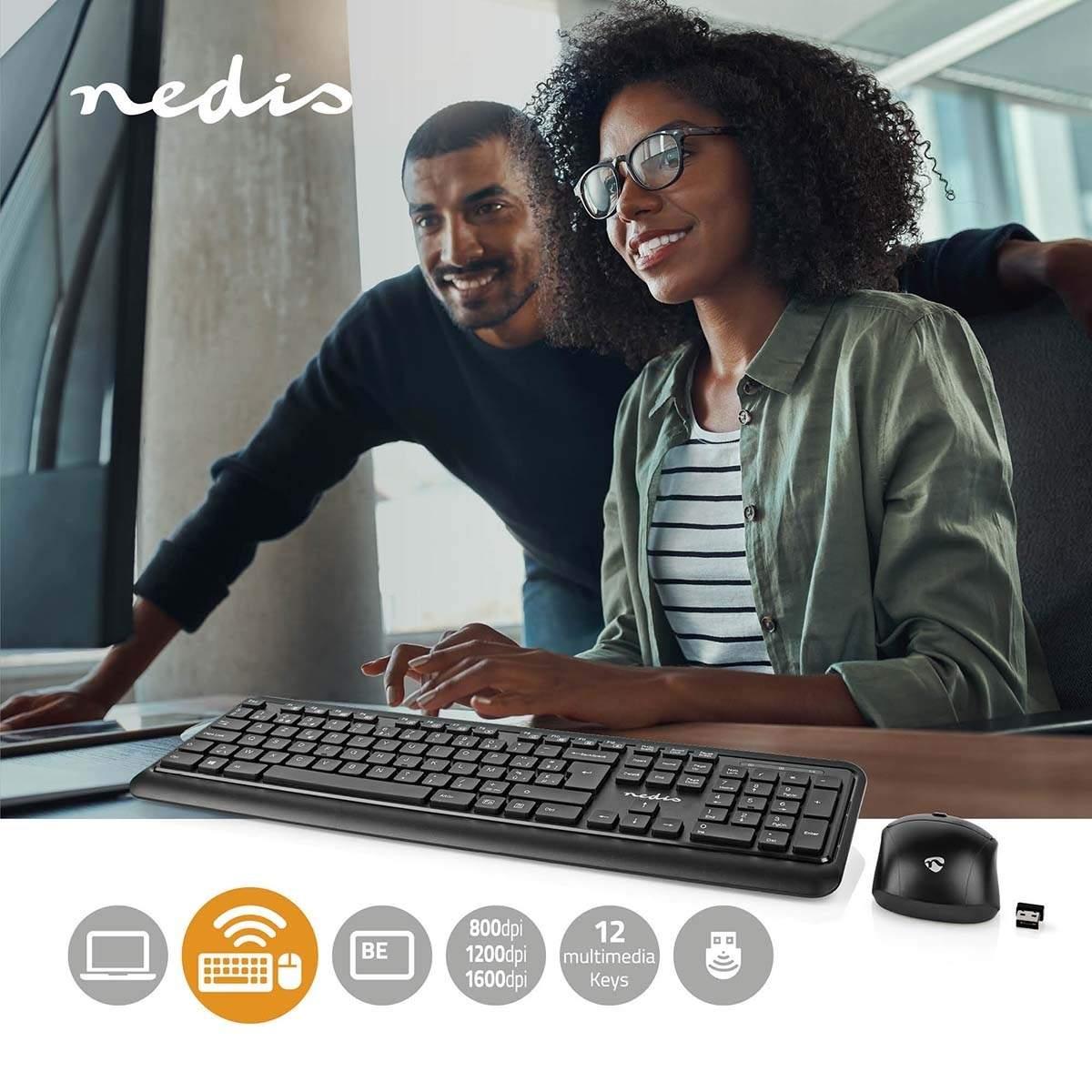 Nedis Mus og tastatur sett | Wireless | Mus og tastatur tilkobling: USB | 800 / 1200 / 1600 dpi | Justerbar DPI | AZERTY | BE Layout