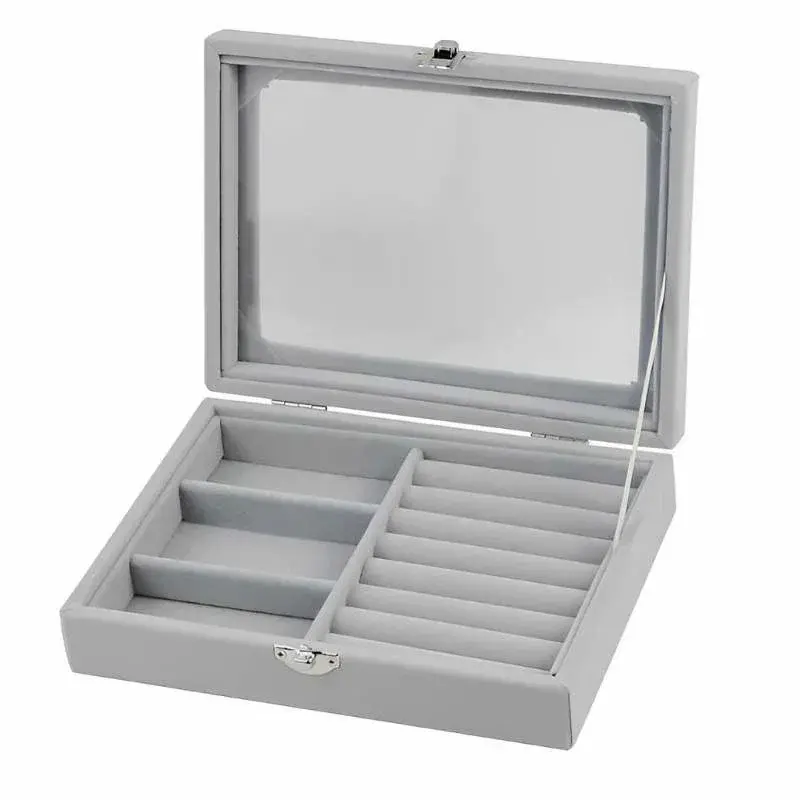 Herzberg Home & Living Herzberg HG-05330: Fløyelssmykkeholder med glasslokk, 3 gitter + 7 ringspor
