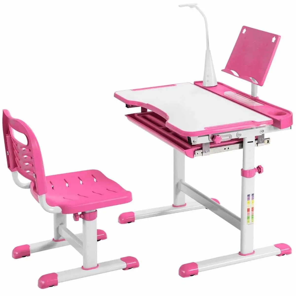 CWY Barnebord barnebordsett med bokstativ og LED-lys for gutter og jenter rosa